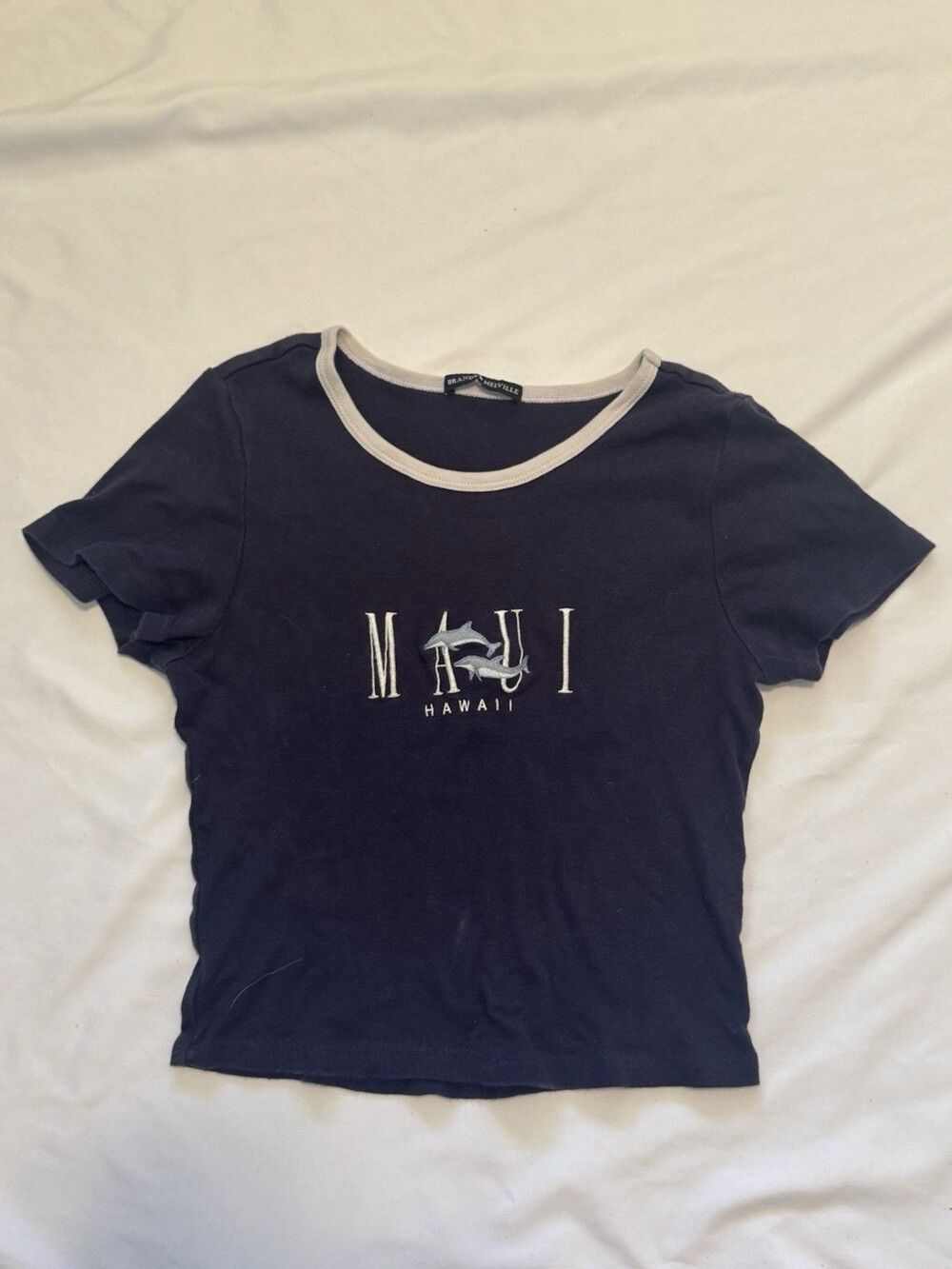 Brandy Melville Maui Hawaii Dolphin Embroidered Ringer Baby Tee ONE SIZE Navy